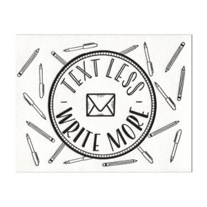 Text Less. Write More. Badge Postcard (front)