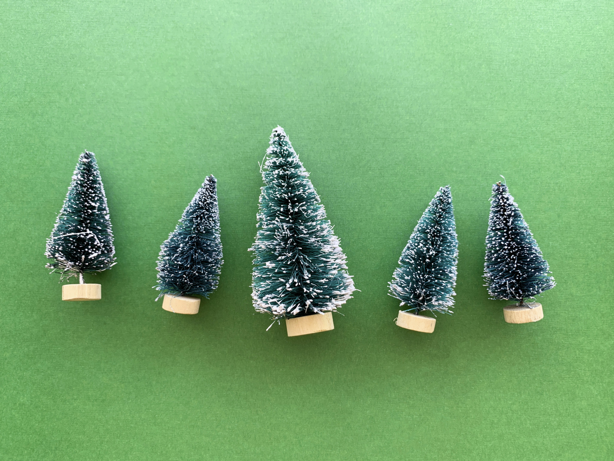 Model snow-tipped christmas trees on green paper backgrounf