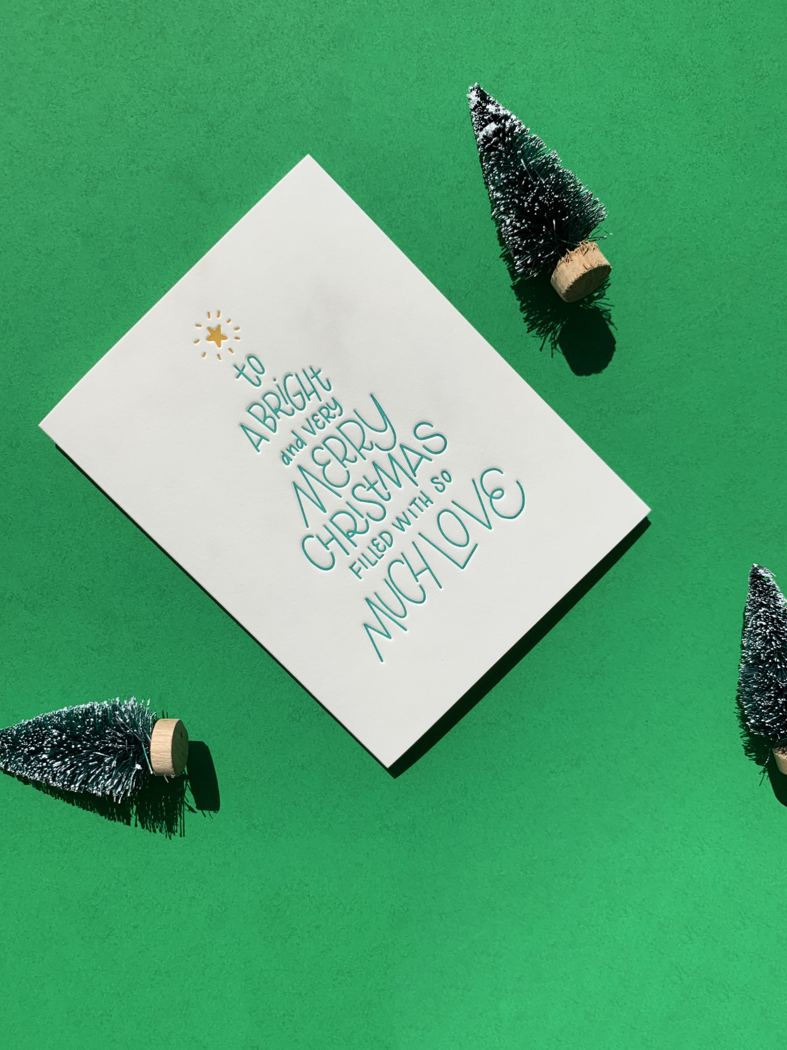 Card with handlettering in tree shape reads, "To a Bright and very Merry Christmas filled with so much love"