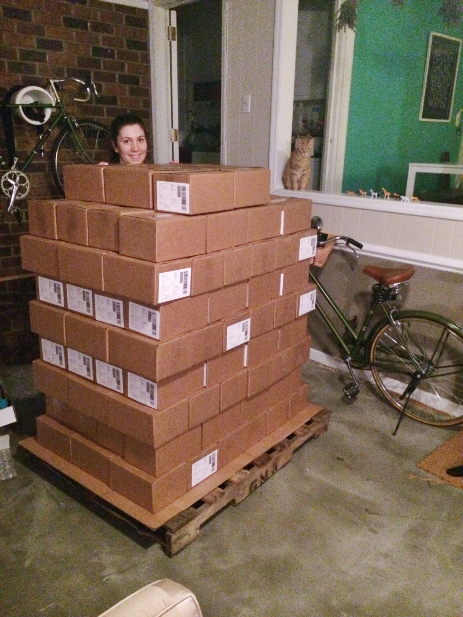 In the living room Allison stands behind a pallet stacked high with shipping boxes for a wholesale order