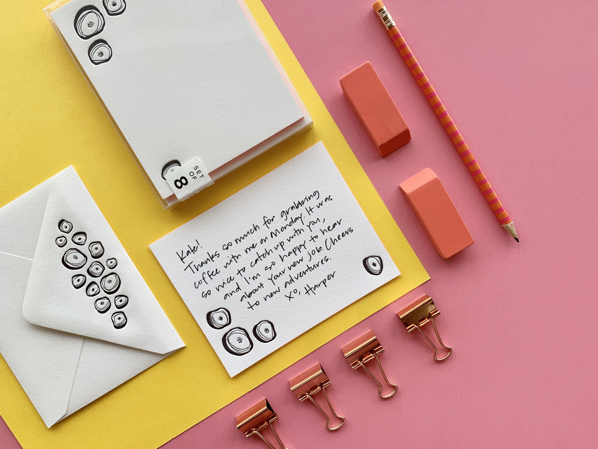 Letterpress printed social stationery set shows product with a handwritten note