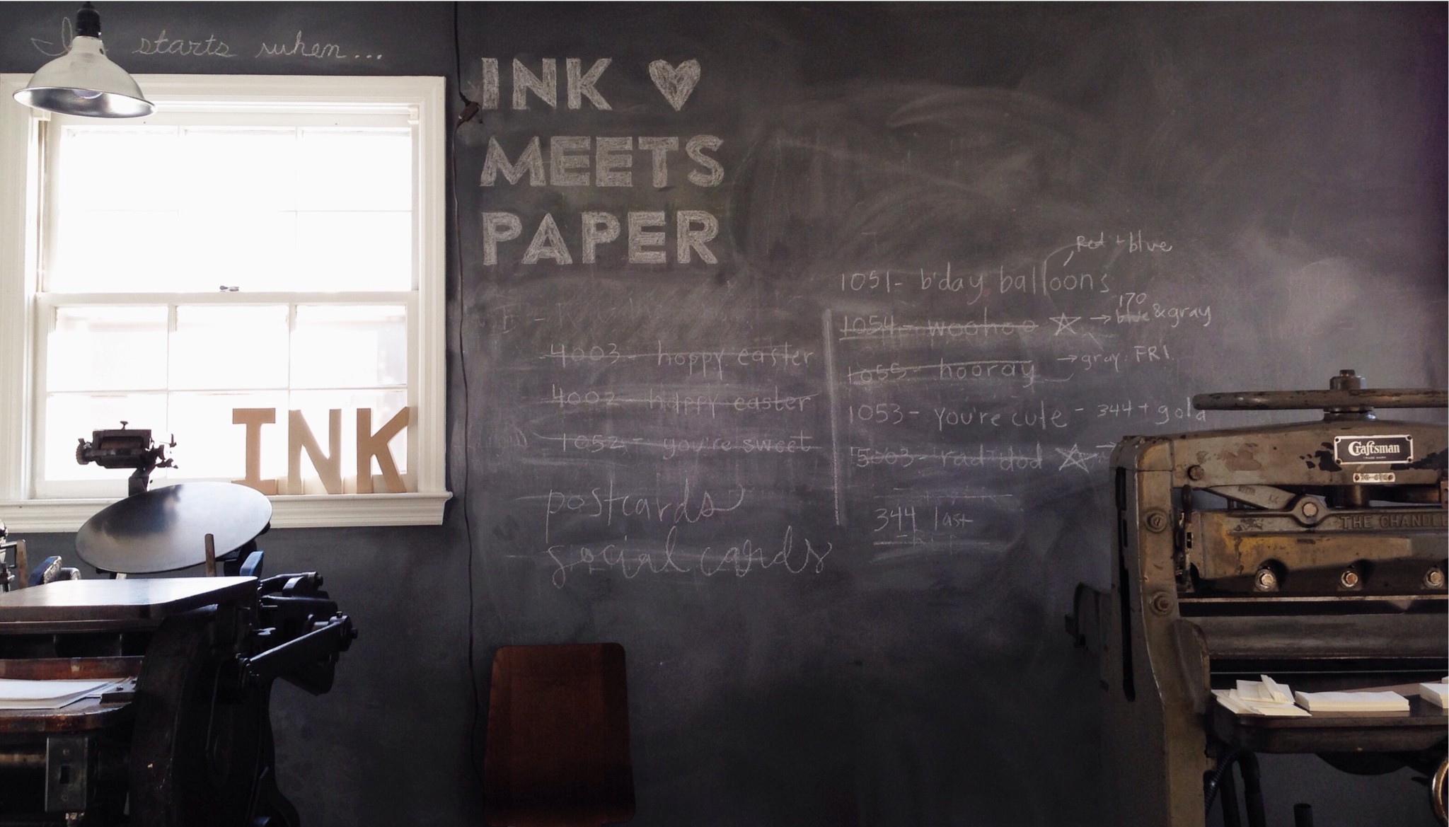 Antique Chandler and Price printing press and Craftsman paper cutter are against a chalkboard wall with that has the INK MEETS PAPER logo along with a printing to-do list